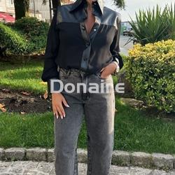 Blusa combinada piel y flecos Open - Imagen 1