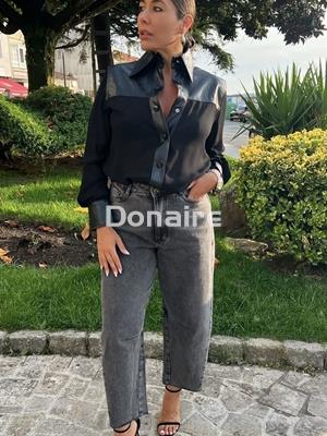 Blusa combinada piel y flecos Open - Imagen 1