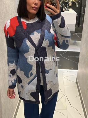 Cardigan largo dibujo jacquard gris azul rojo WNT - Imagen 1