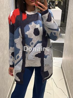 Cardigan largo dibujo jacquard gris azul rojo WNT - Imagen 2