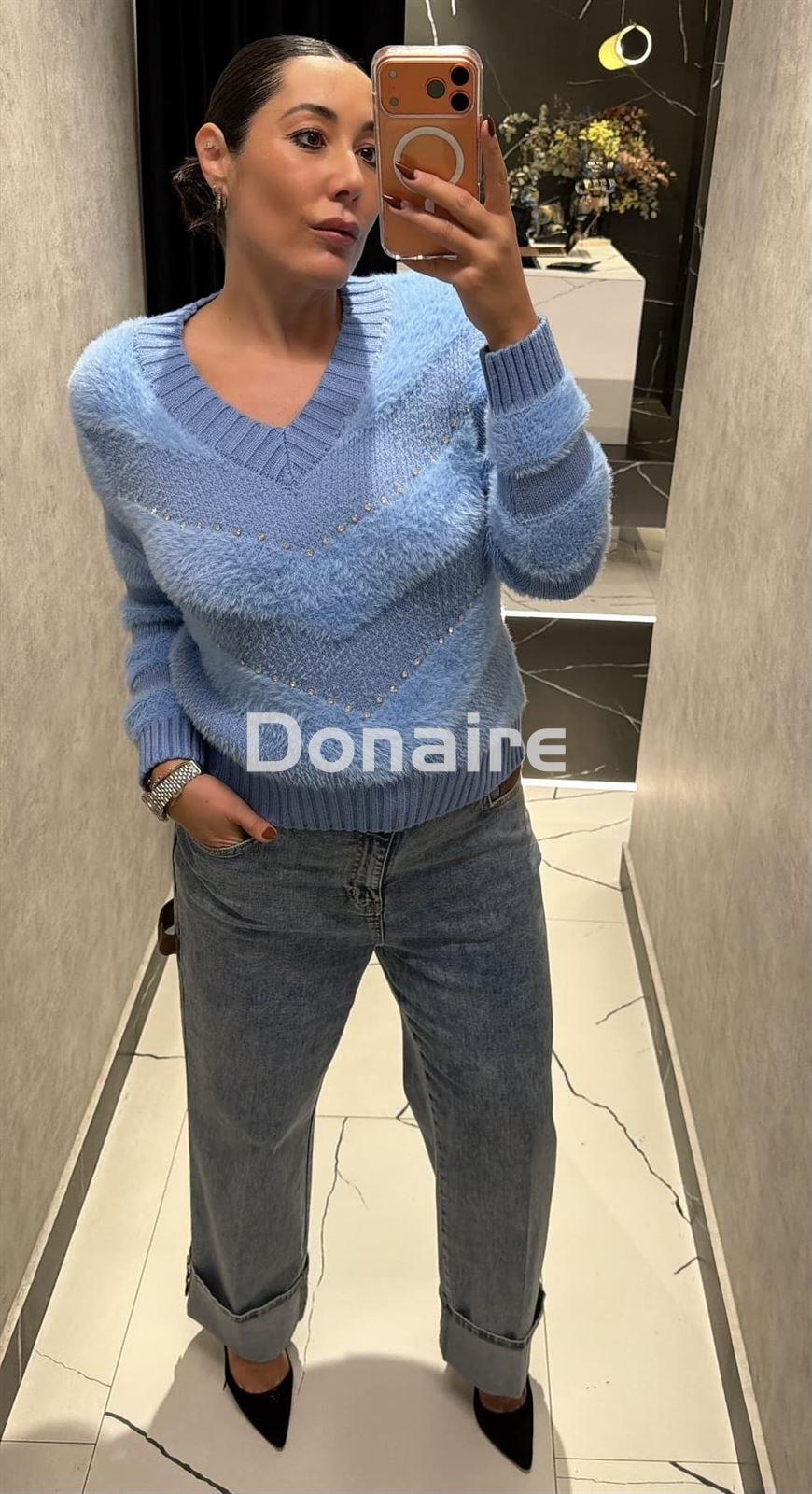 Jersey azul combinado efecto pelo y strass Koralline - Imagen 1