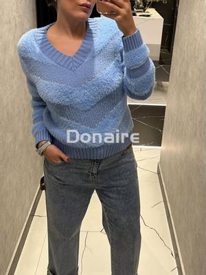 Jersey azul combinado efecto pelo y strass Koralline - Imagen 1