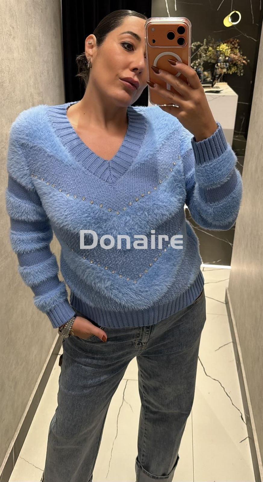 Jersey azul combinado efecto pelo y strass Koralline - Imagen 2