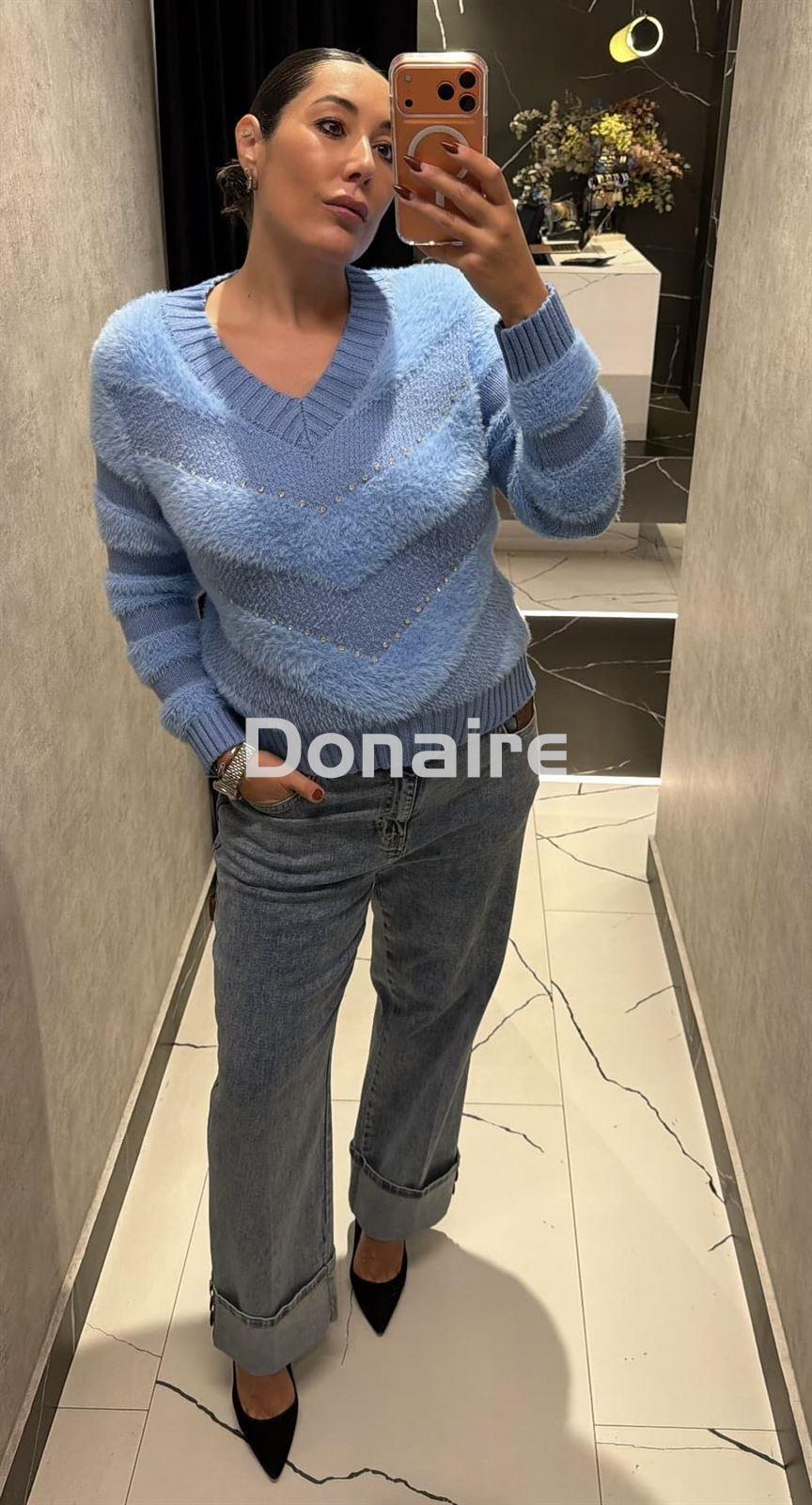 Jersey azul combinado efecto pelo y strass Koralline - Imagen 3