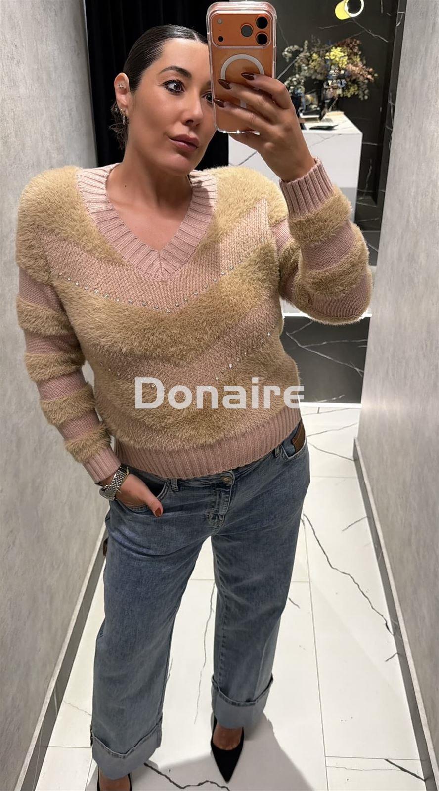 Jersey beige combinado efecto pelo y strass Koralline - Imagen 1