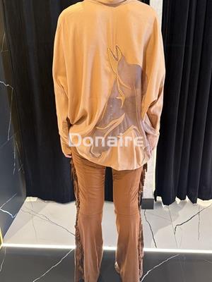 Maxi camisa beige dibujo rejilla espalda Open - Imagen 2