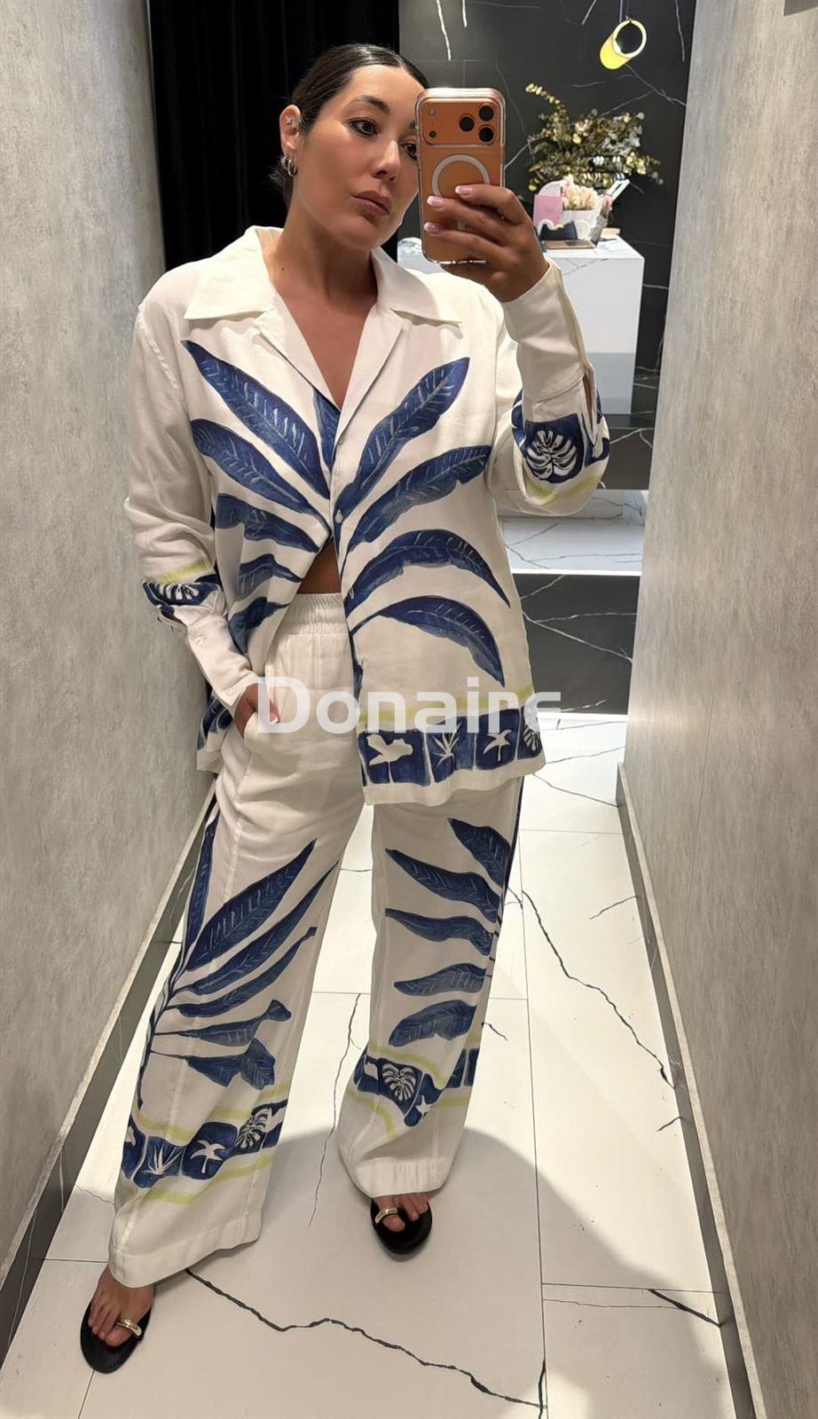 Pantalón largo lino hojas azules Open - Imagen 2