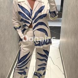 Pantalón largo lino hojas azules Open - Imagen 2