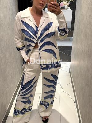 Pantalón largo lino hojas azules Open - Imagen 2