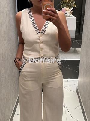 Pantalón lino crudo con bordados a contraste NKN - Imagen 1