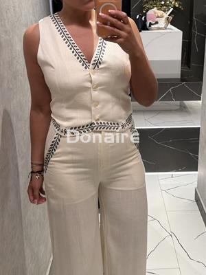 Pantalón lino crudo con bordados a contraste NKN - Imagen 2