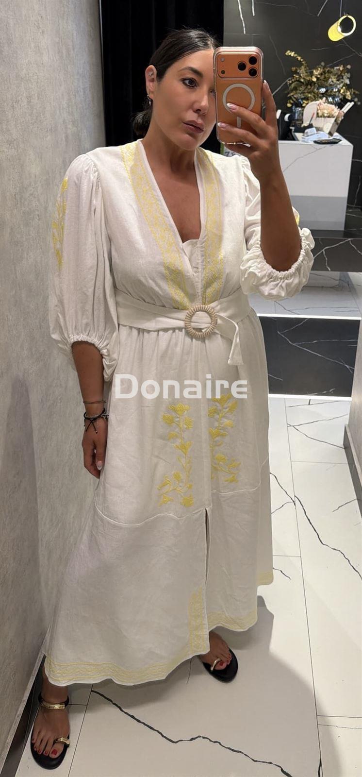 Vestido blanco largo lino con bordados en amarillo Lez a Lez - Imagen 1