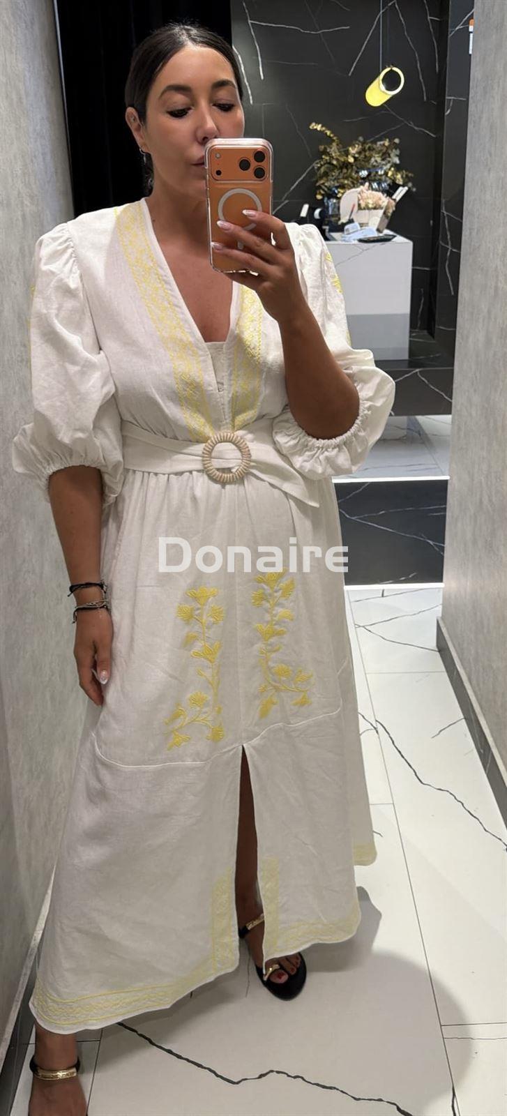 Vestido blanco largo lino con bordados en amarillo Lez a Lez - Imagen 2